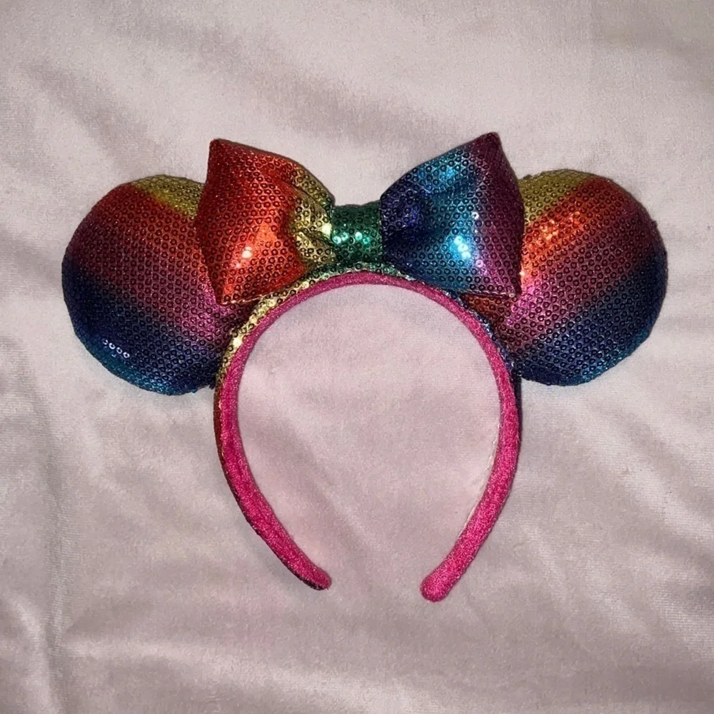 DISNEY PARKS Rainbow Sequins Minnie Mouse Ears Headband Pink Red Purple Blue